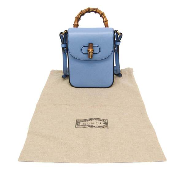 GUCCI Authentic Blue Leather Bamboo Shoulder Bag - Picture 2 of 16